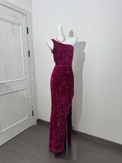 Rose Red Sequin One-Shoulder Fitted Waist Slim Bodycon Prom & Evening Dress gh7226