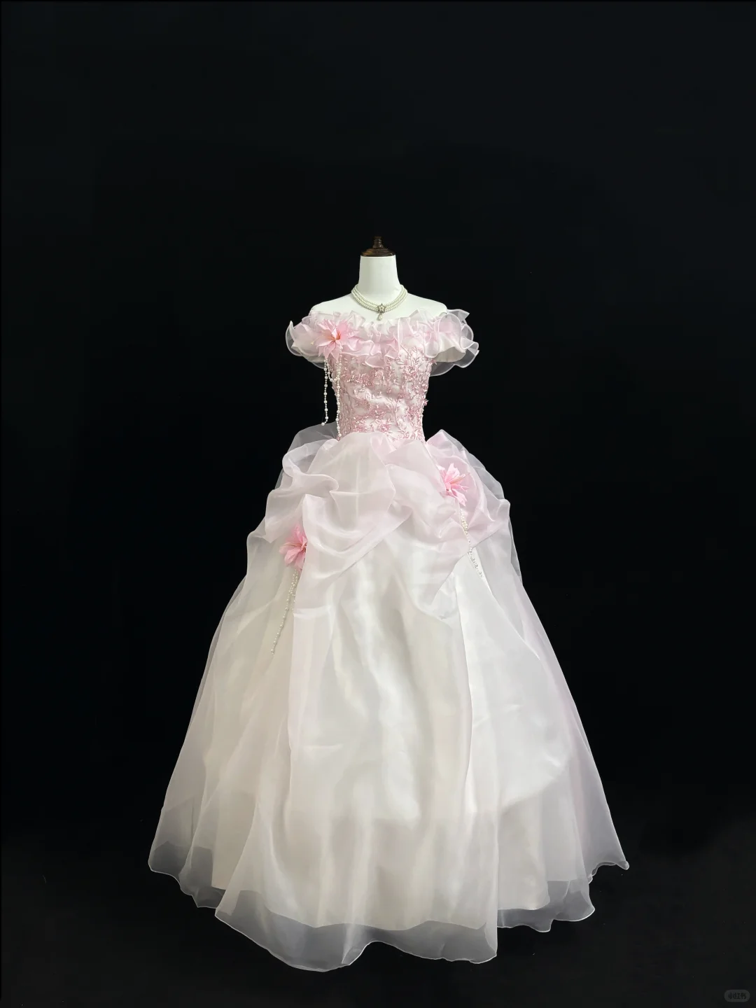 Blush Pink Ombre Strapless Floral Cinched Waist White Voluminous Skirt Romantic Dress, Wedding Gown gh7863
