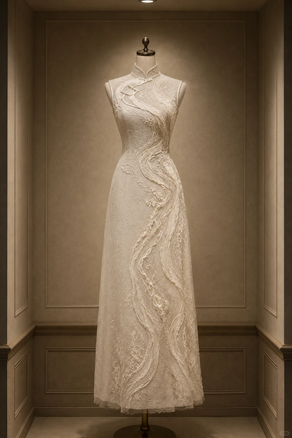 ✨Girlhomeshops-Ivory Flowing Wave Embroidery Lace Sleeveless Mermaid Qipao Cheongsam gh10403