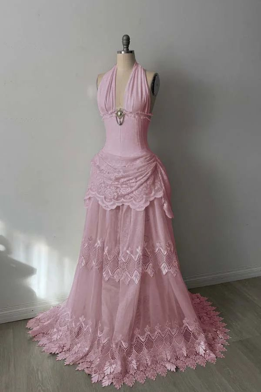 ✨Girlhomeshops-Vintage Pink Halter Corset Prom Dress, Deep V Layered Lace Tulle Long Evening Gown gh10206