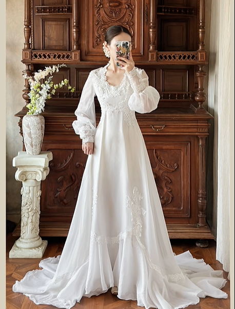 Off‑White Vintage Edwardian High Neck Lace Sheer Puff Long Sleeve High Waist Multi‑Layer Ruffle Lace Hem Long Train Prom Gown, Wedding Dress gh8623
