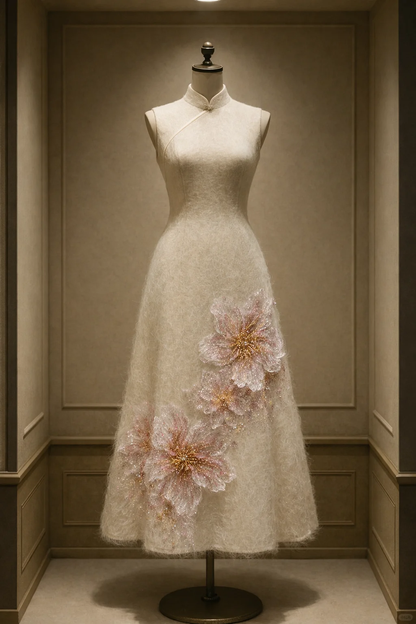 ✨Girlhomeshops-Ivory Sleeveless Qipao Midi Dress with Large Pink Gold 3D Floral gh10525