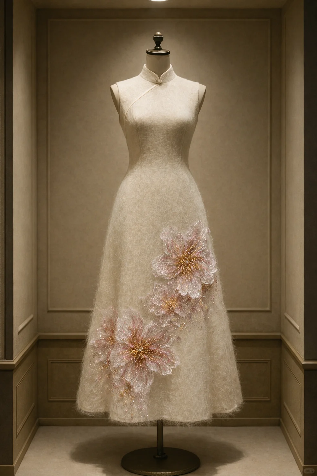 ✨Girlhomeshops-Ivory Sleeveless Qipao Midi Dress with Large Pink Gold 3D Floral gh10525