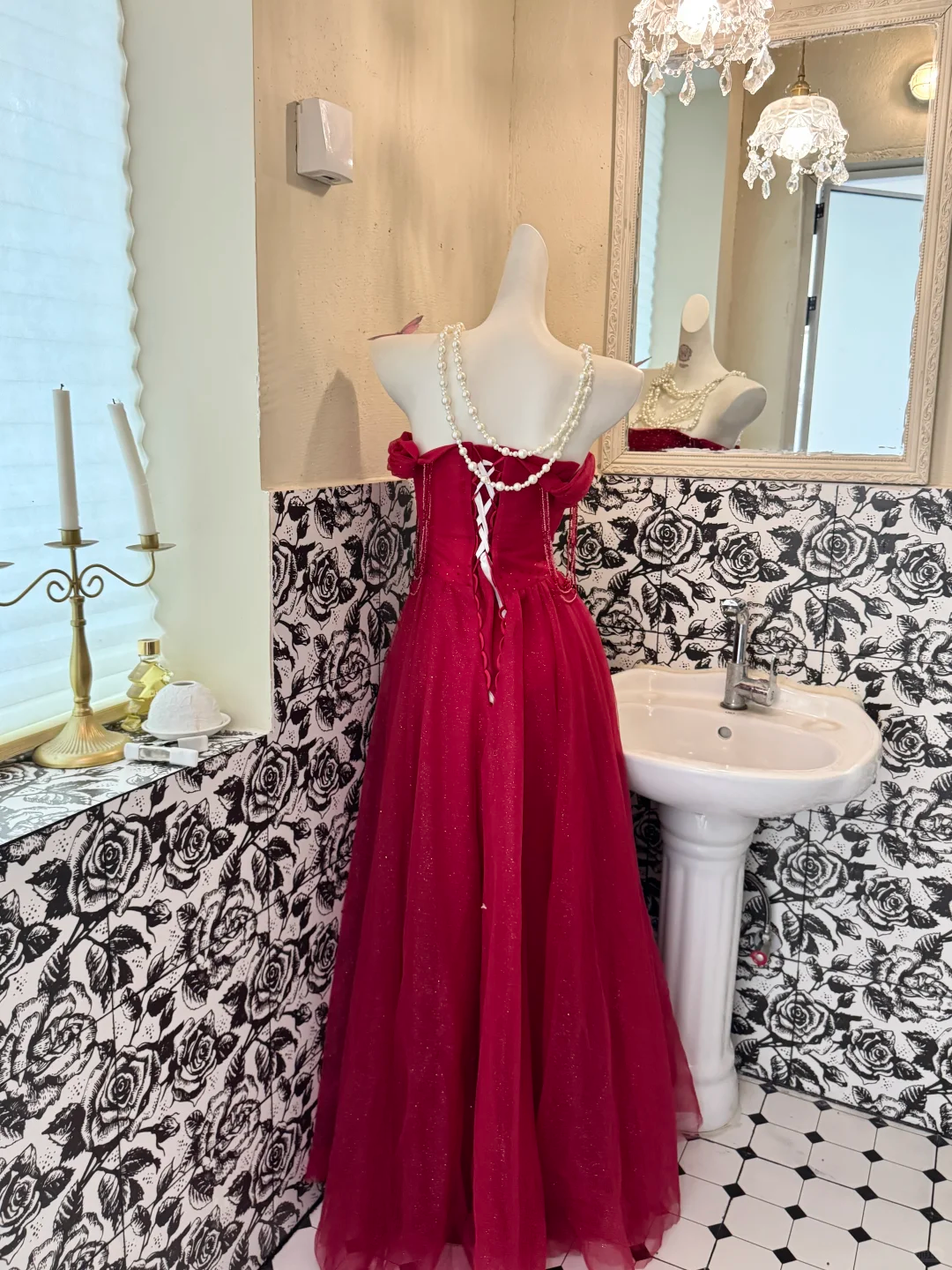Burgundy Off-the-Shoulder Waist-Cinched Fitted Long Elegant Romantic Dress, Wedding Gown gh7565