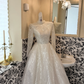 Ivory Sequin Long Sleeve Waist-Cinched Full Flared Skirt Luxury Romantic Dress, Wedding Gown gh7652