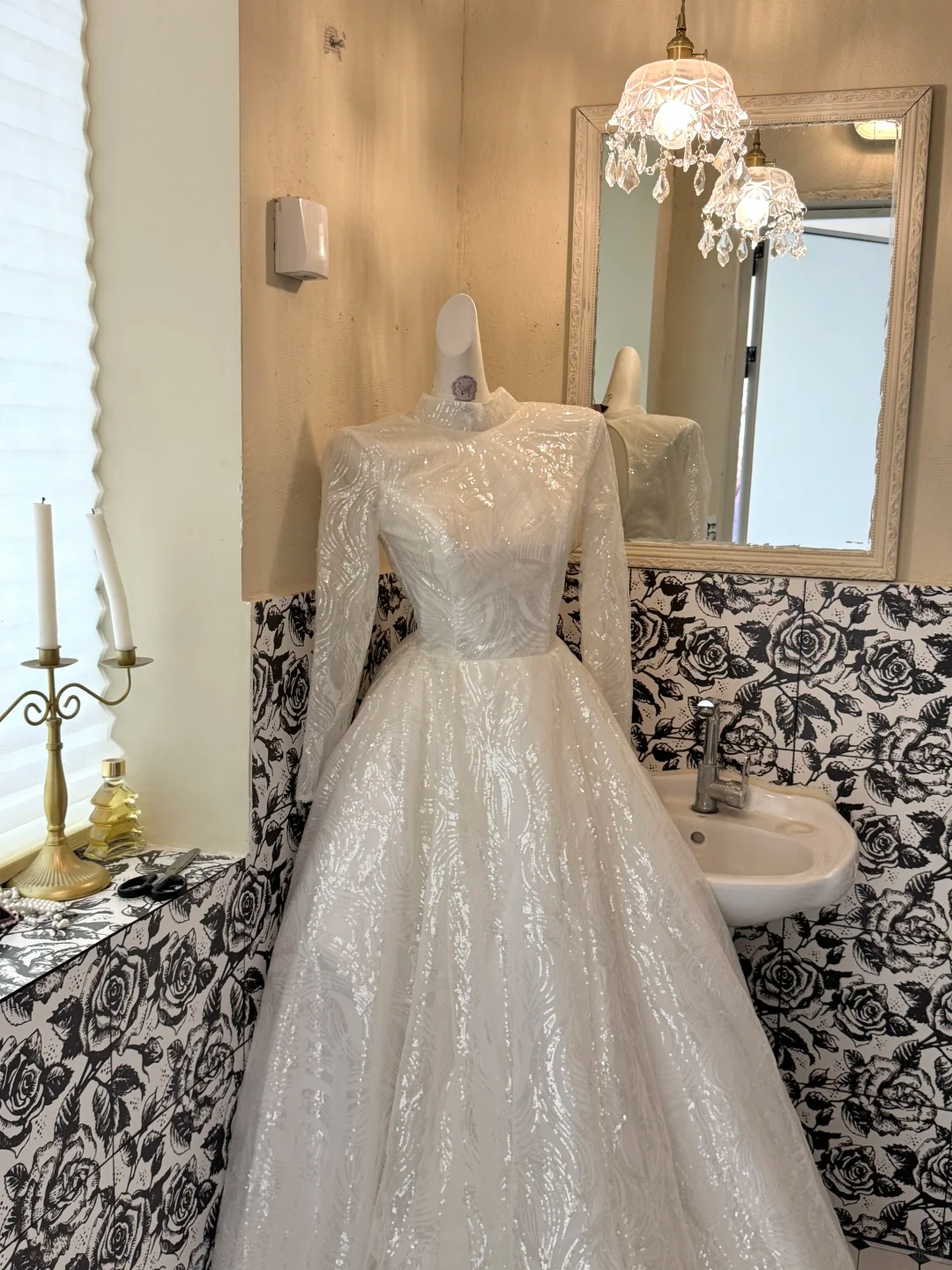 Ivory Sequin Long Sleeve Waist-Cinched Full Flared Skirt Luxury Romantic Dress, Wedding Gown gh7652