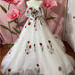 White gorgeous delicate rose applique long A-line tulle ball gown evening gown wedding dress gh3341