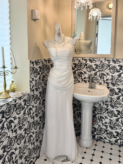White Strapless Waist-Cinched Fitted Ruched Sexy Romantic Dress, Wedding Gown gh7608