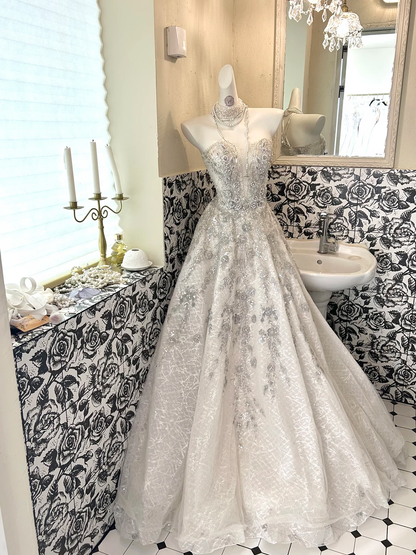 Ivory Gown with Silver Ornaments, Luxurious Exquisite Full Flared Long Romantic Dress, Wedding Gown gh7717