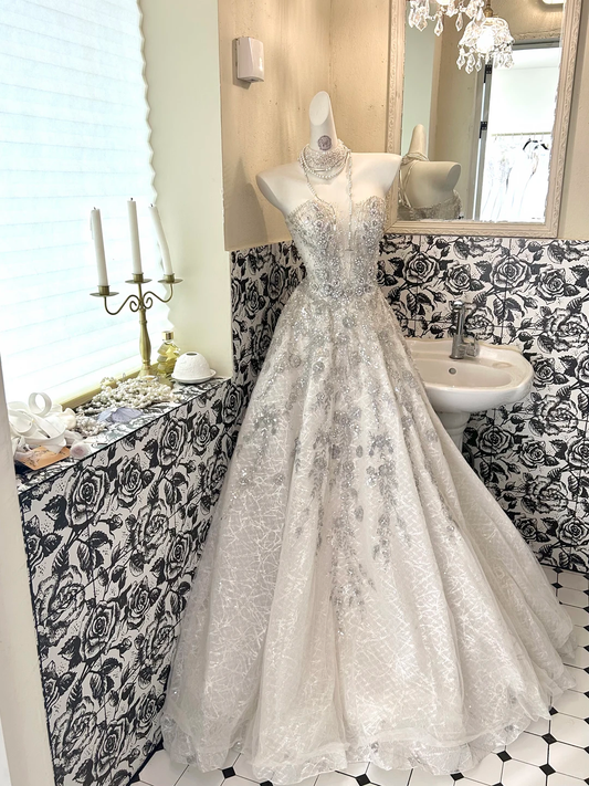 Ivory Gown with Silver Ornaments, Luxurious Exquisite Full Flared Long Romantic Dress, Wedding Gown gh7717