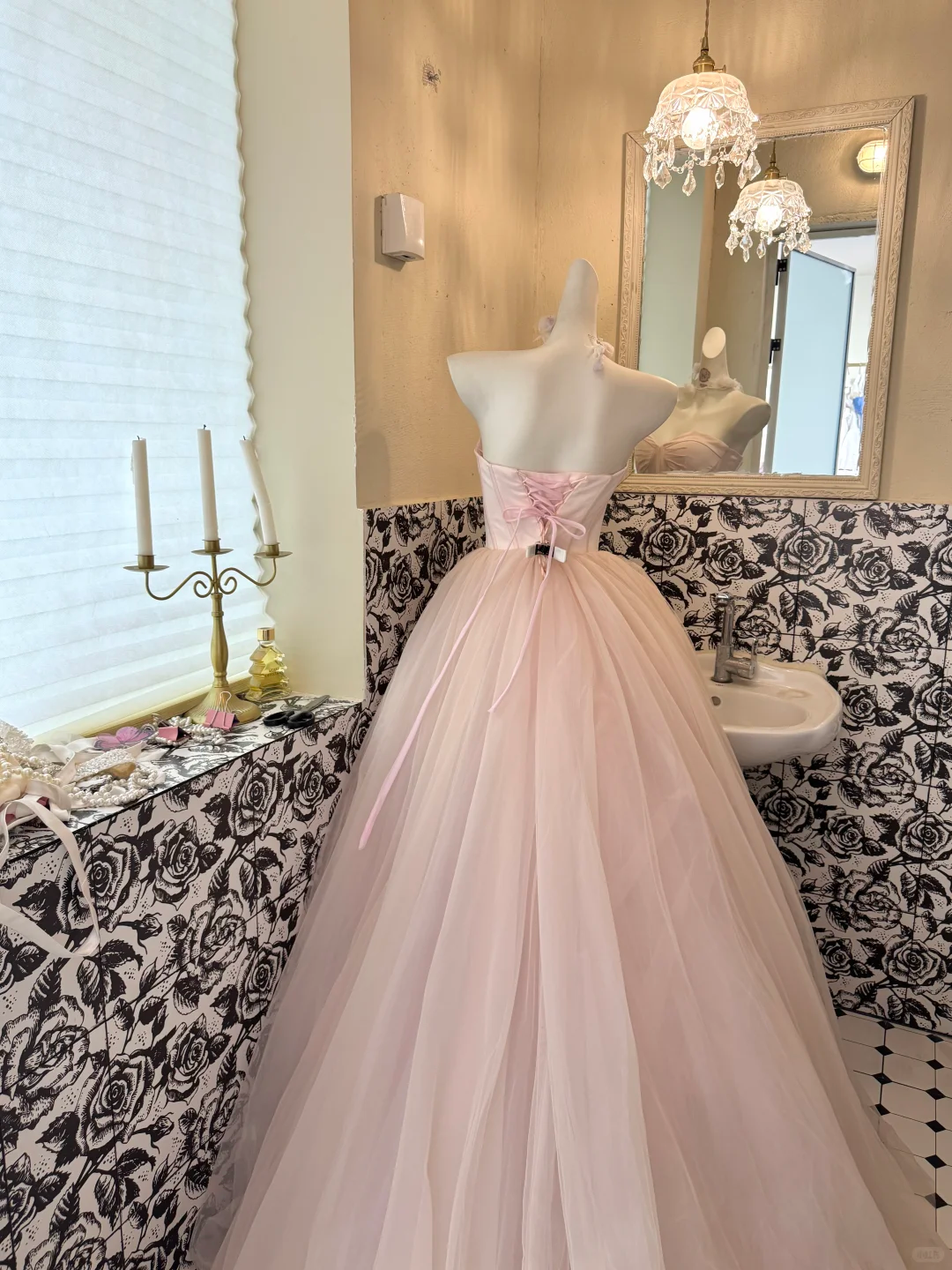Light Pink Strapless Waist-Cinched Voluminous Skirt Princess Elegant Romantic Dress, Wedding Gown gh7653