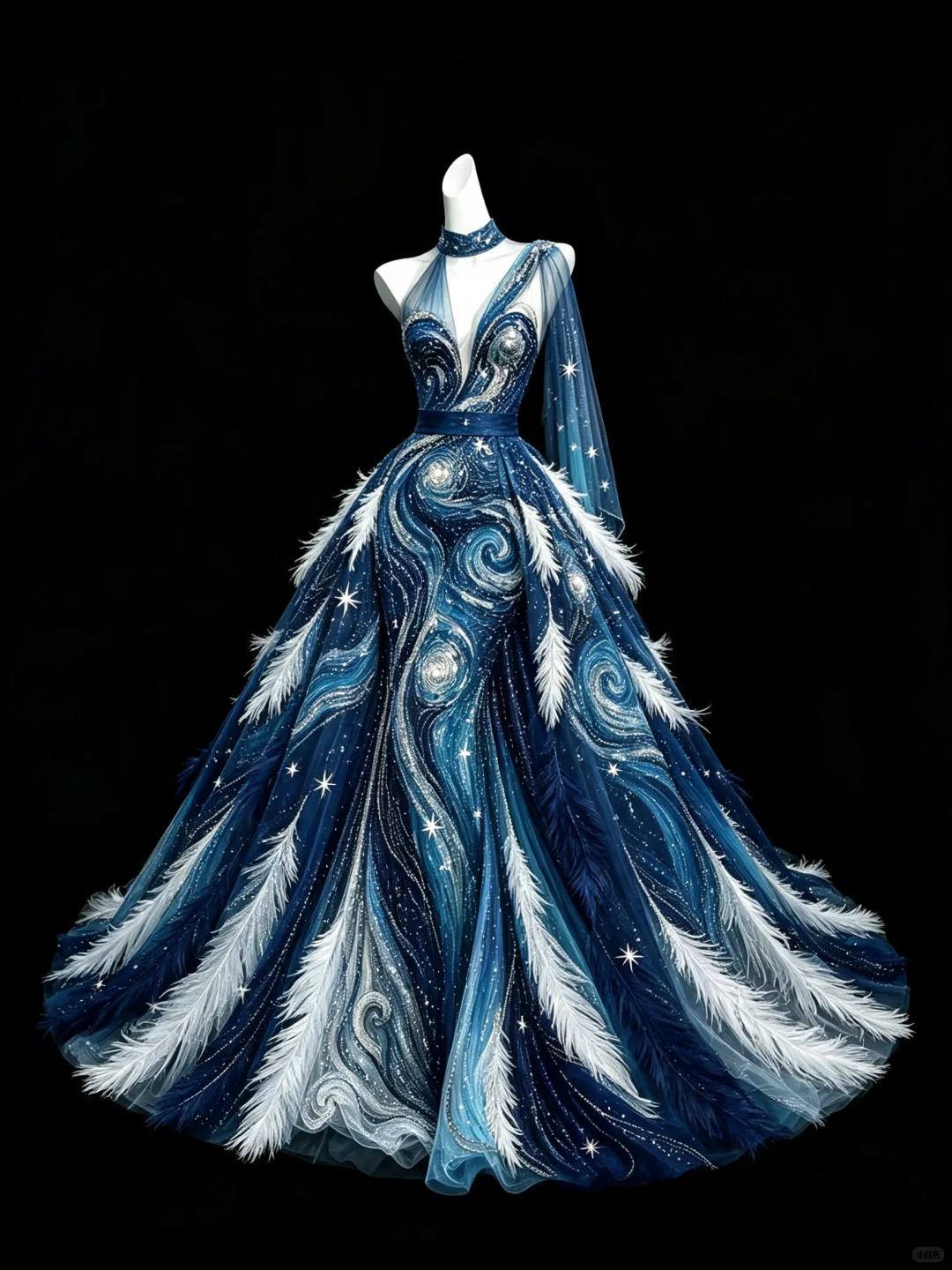 ✨Girlhomeshops-Starry Sky Halter Evening Gown, Blue Gradient, 3D White Feather, Sparkly Sequin Ball Gown for Prom gh10489