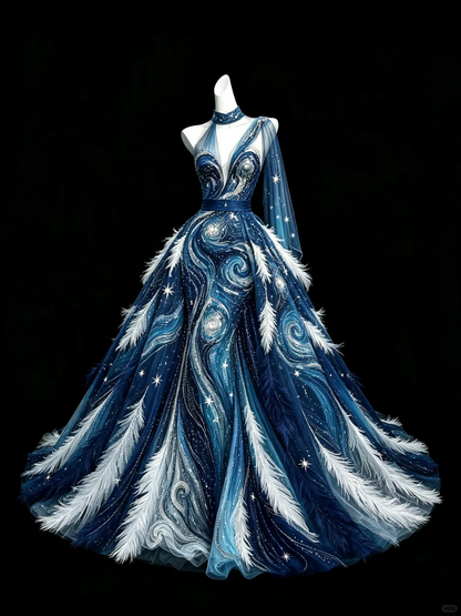 ✨Girlhomeshops-Starry Sky Halter Evening Gown, Blue Gradient, 3D White Feather, Sparkly Sequin Ball Gown for Prom gh10489