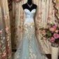 Robe de soirée longue en tulle bleu à fleurs, élégante, traînante, gh4384