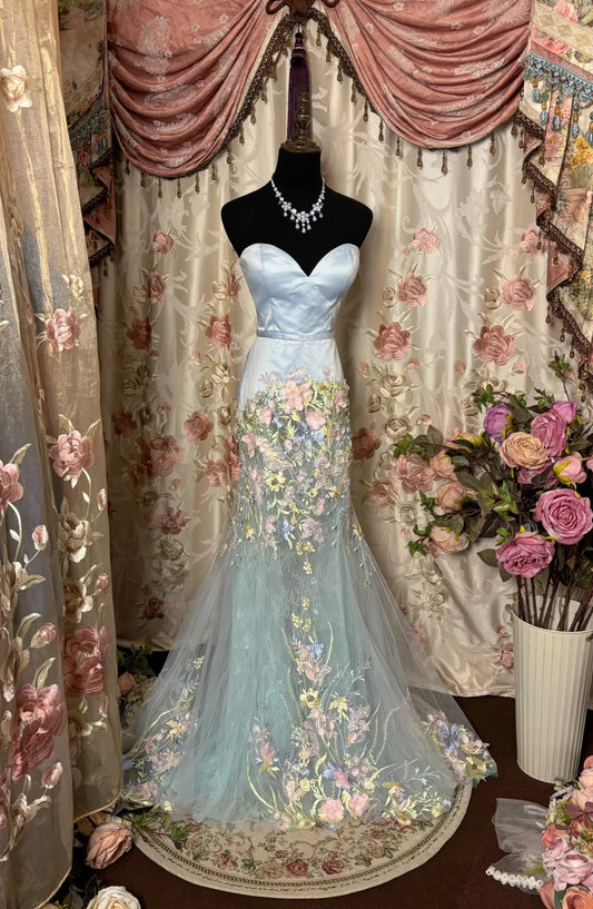 Robe de soirée longue en tulle bleu à fleurs, élégante, traînante, gh4384