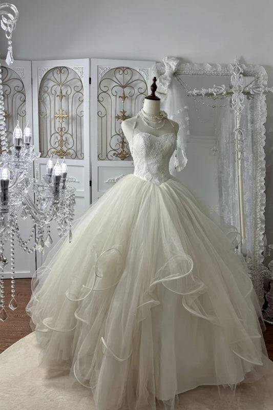 Lace Strapless Bridal Gown Pearl Shoulder Chain & Cloud Flare Hem  gh7063