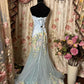 Robe de soirée longue en tulle bleu à fleurs, élégante, traînante, gh4384