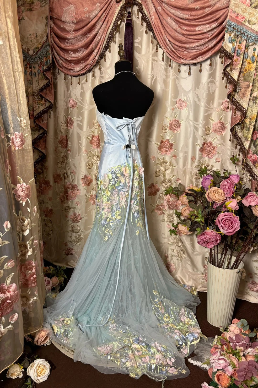 Robe de soirée longue en tulle bleu à fleurs, élégante, traînante, gh4384