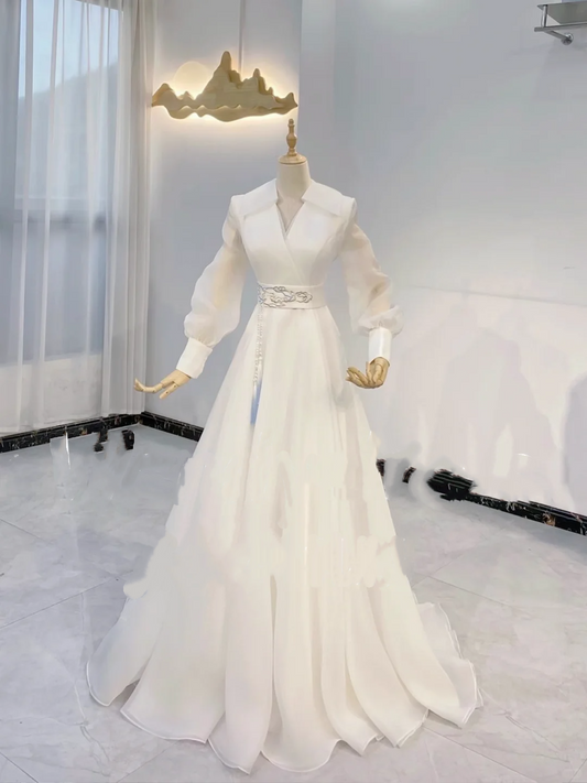 White V-Neck Long Sleeve Waist-Cinched Fitted Elegant Long Evening Dress, Fairy Gown, Romantic Gown gh7417