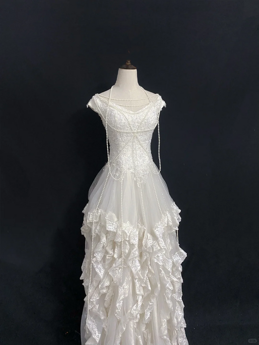 White Embroidered Lace Sexy Long Romantic Wedding Dress, Fitted Waist, Bodycon Silhouette gh8351