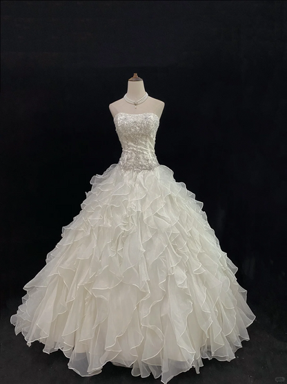 Off-White Strapless Long Romantic Gown, Cinched Waist, Rhinestone Embellishments, Voluminous Tiered Cake Skirt, Wedding Dress & Bridal Gown gh8170