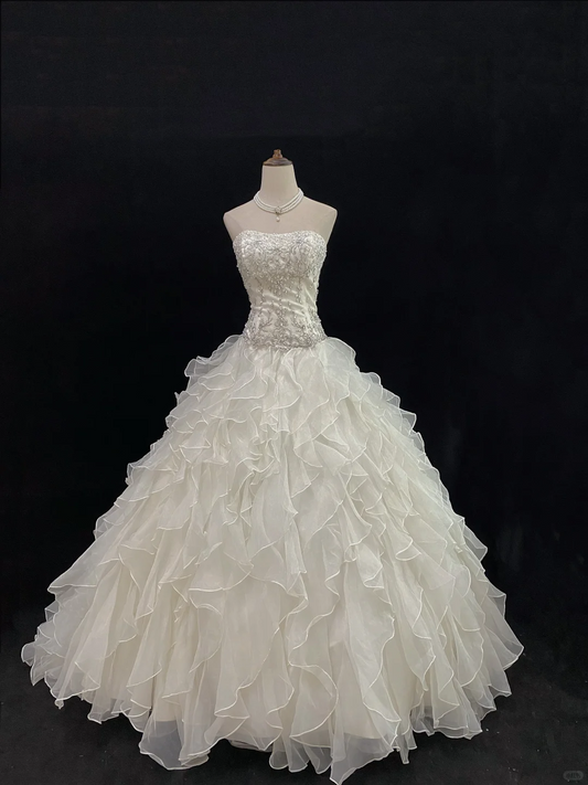 Off-White Strapless Long Romantic Gown, Cinched Waist, Rhinestone Embellishments, Voluminous Tiered Cake Skirt, Wedding Dress & Bridal Gown gh8170