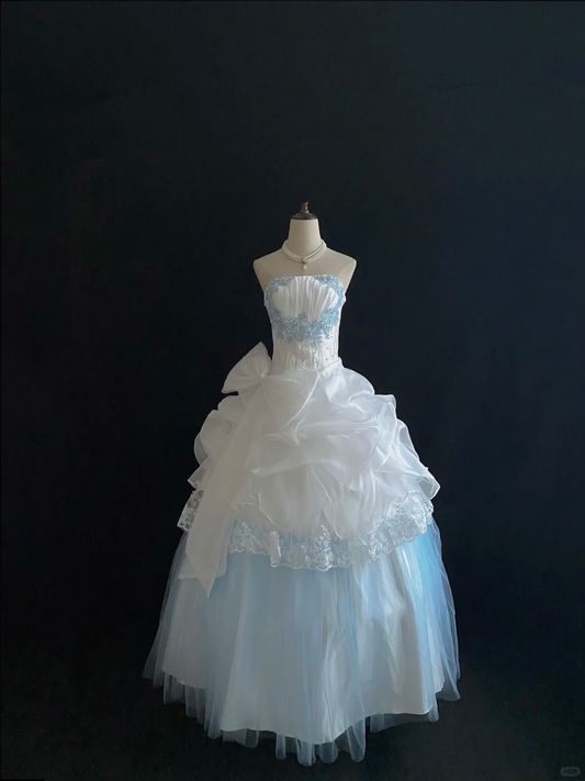 Light Blue & White Color Block Strapless Cinched Waist Vintage Royal Voluminous Princess Skirt Long Romantic Dress, Wedding Gown gh7900