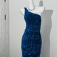 Rose Red Sequin One-Shoulder Fitted Waist Slim Bodycon Prom & Evening Dress gh7226