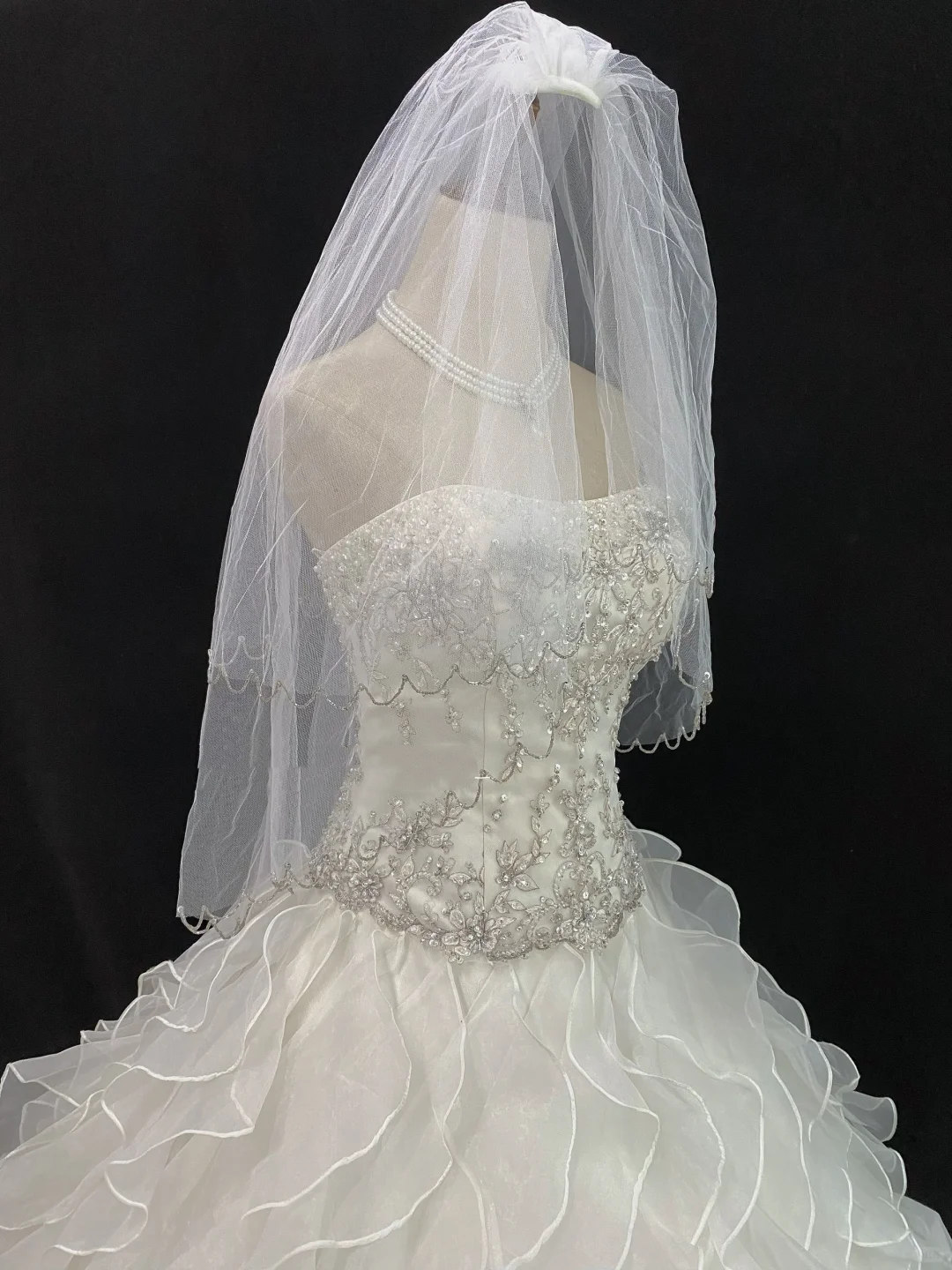 Off-White Strapless Long Romantic Gown, Cinched Waist, Rhinestone Embellishments, Voluminous Tiered Cake Skirt, Wedding Dress & Bridal Gown gh8170