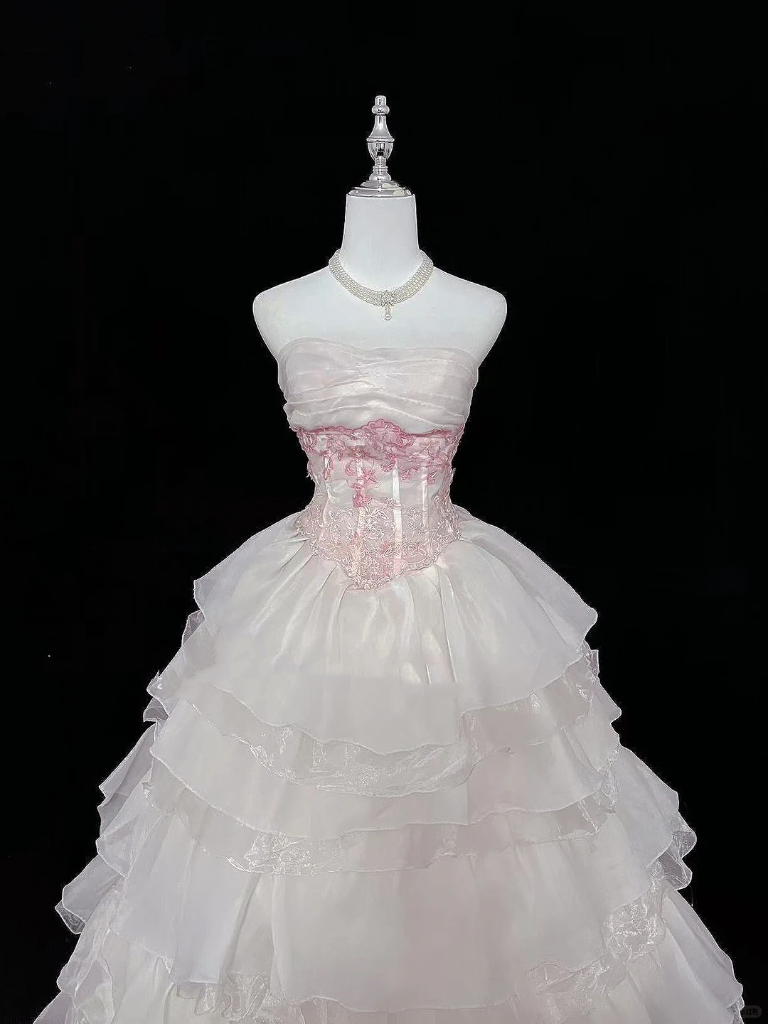 Light Pink Strapless Cinched Waist Voluminous Tiered Skirt Long Romantic Dress, Wedding Gown gh7950