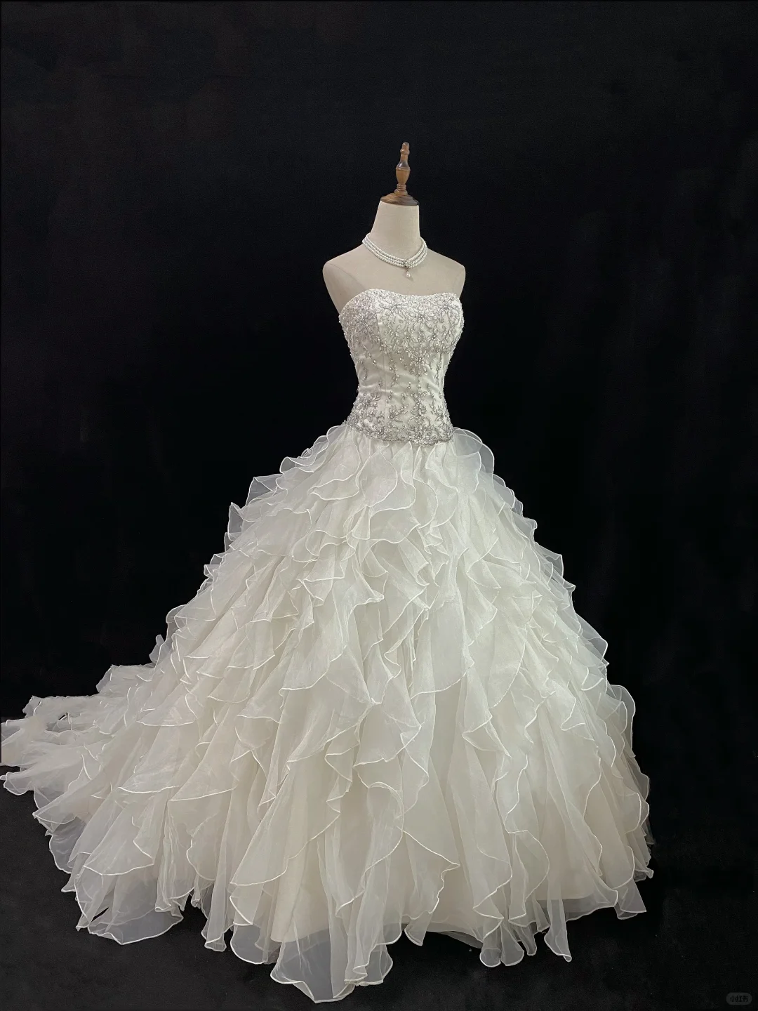 Off-White Strapless Long Romantic Gown, Cinched Waist, Rhinestone Embellishments, Voluminous Tiered Cake Skirt, Wedding Dress & Bridal Gown gh8170