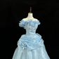 Light Blue Off-the-Shoulder Cinched Waist Voluminous Skirt Long Romantic Dress, Wedding Gown gh7864