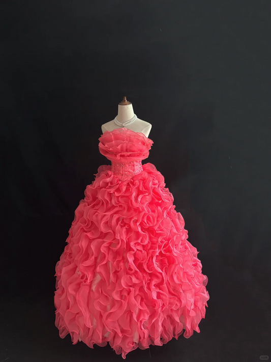 Magenta Strapless Cinched Waist Voluminous Tiered Skirt Long Romantic Dress, Wedding Gown gh7990