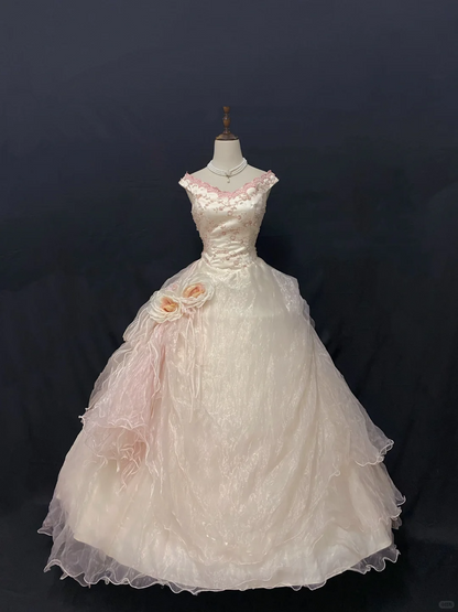 Light Pink Vintage Embroidered Romantic Gown, Fitted Waist, Voluminous Princess Skirt, Wedding Dress & Bridal Gown gh8255
