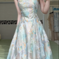 Light Teal Floral Butterfly Print Spaghetti Strap Long Evening Gown, Square Neck A‑Line Tulle Formal Prom Dress gh9033