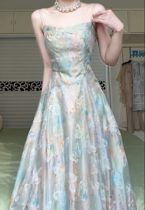 Light Teal Floral Butterfly Print Spaghetti Strap Long Evening Gown, Square Neck A‑Line Tulle Formal Prom Dress gh9033