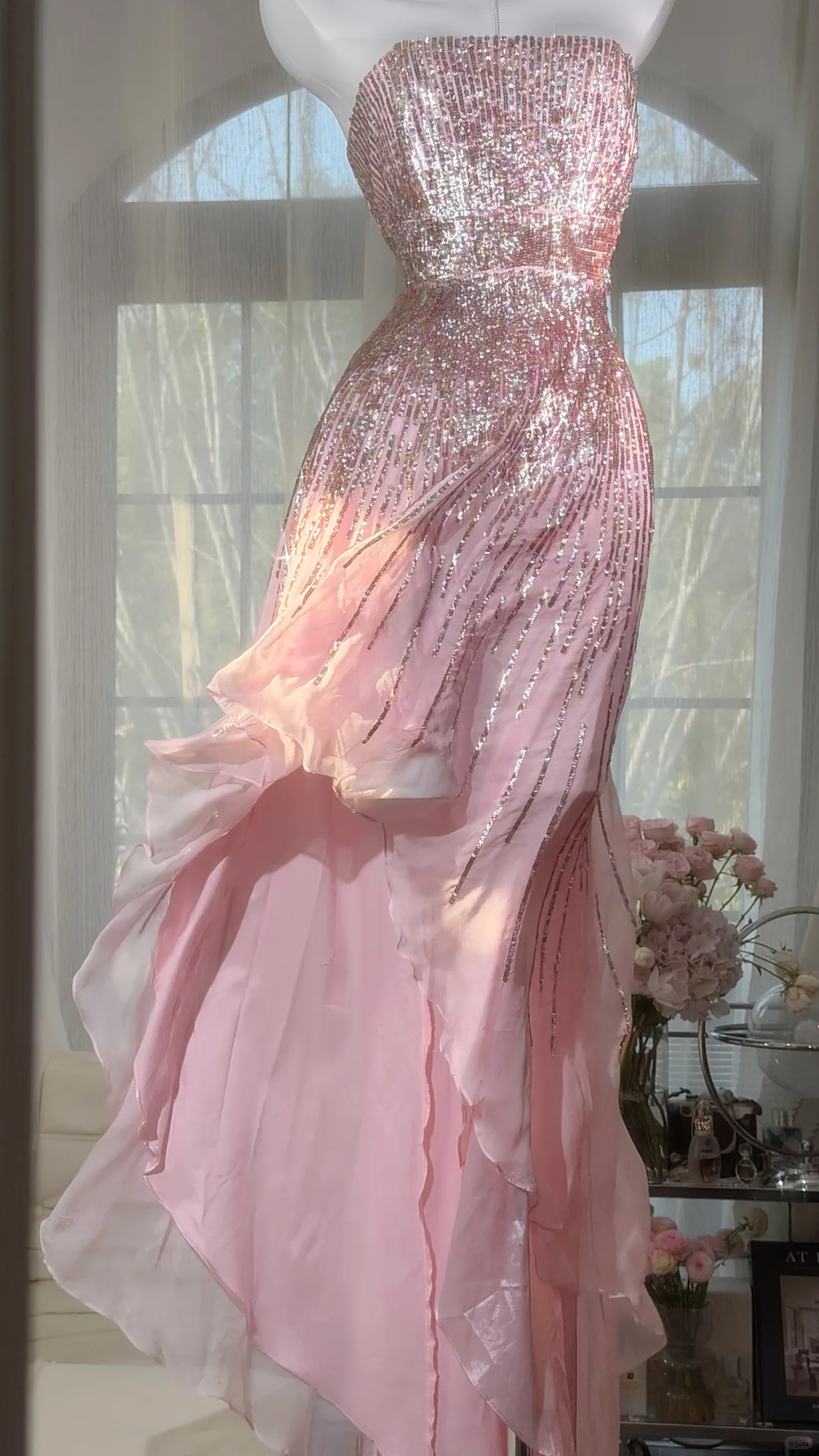 Pink Strapless Vertical Heavy Beaded Irregular Ruffle Mermaid Evening Dress, Prom Gown gh9521