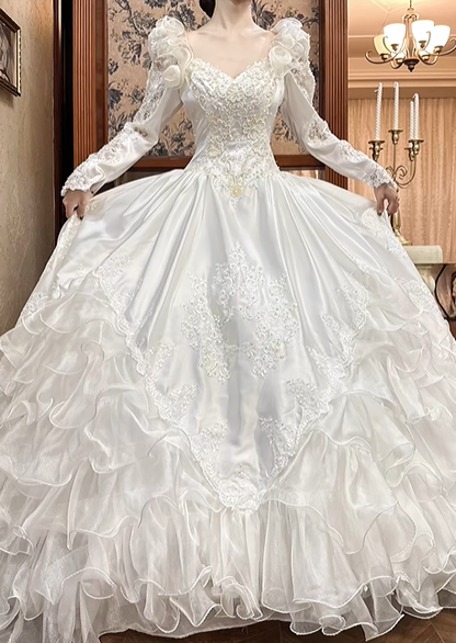 White Vintage Satin Ball Gown Wedding Prom Dress, V‑Neck, 3D Floral Shoulders, Leg‑of‑Mutton Long Sleeves, Multi‑Tier Ruffled Cake Skirt gh8685