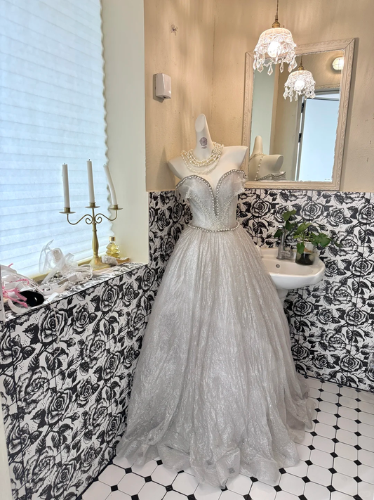 Light Gray Strapless Waist-Cinched Full Flared Long Luxury Romantic Dress, Wedding Gown gh7687