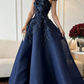 Navy Blue Strapless Ball Gown with 3D Floral Appliques & Beading, Floor-Length Prom Dress for Formal Wedding & Evening Events gh7098
