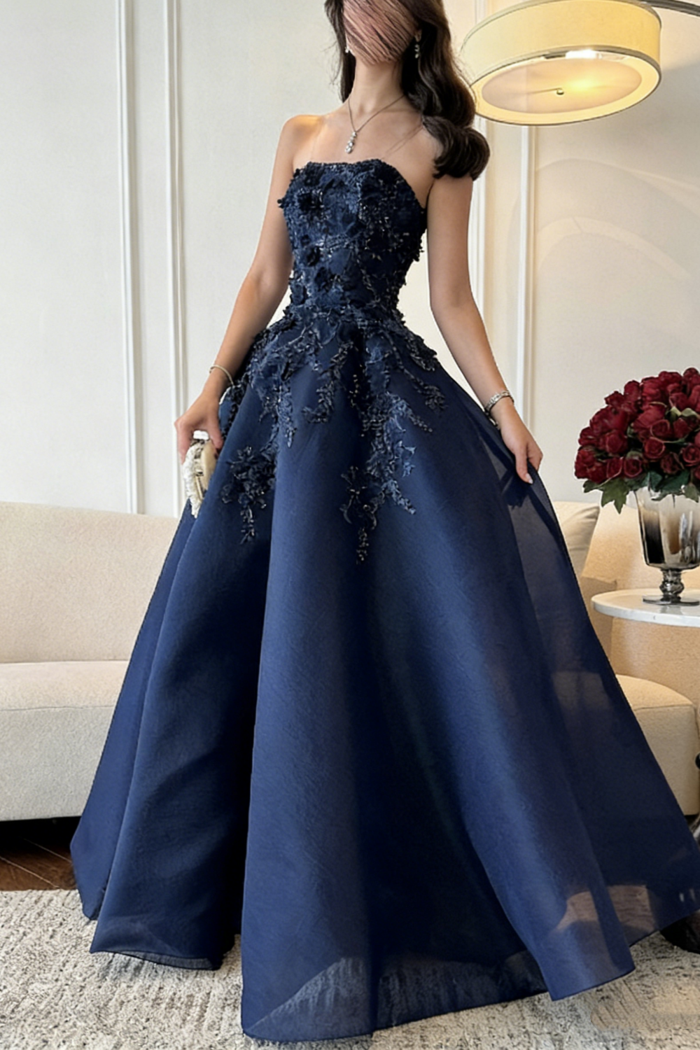 Navy Blue Strapless Ball Gown with 3D Floral Appliques & Beading, Floor-Length Prom Dress for Formal Wedding & Evening Events gh7098