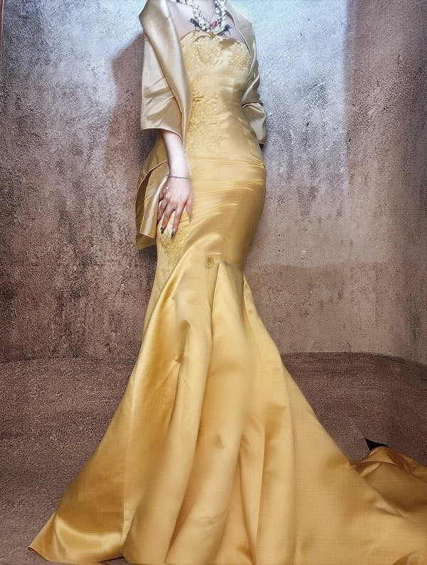 Gelb wunderschöne exquisite Perlen lange Satin Ballkleid Abendkleid Partykleid gh4499