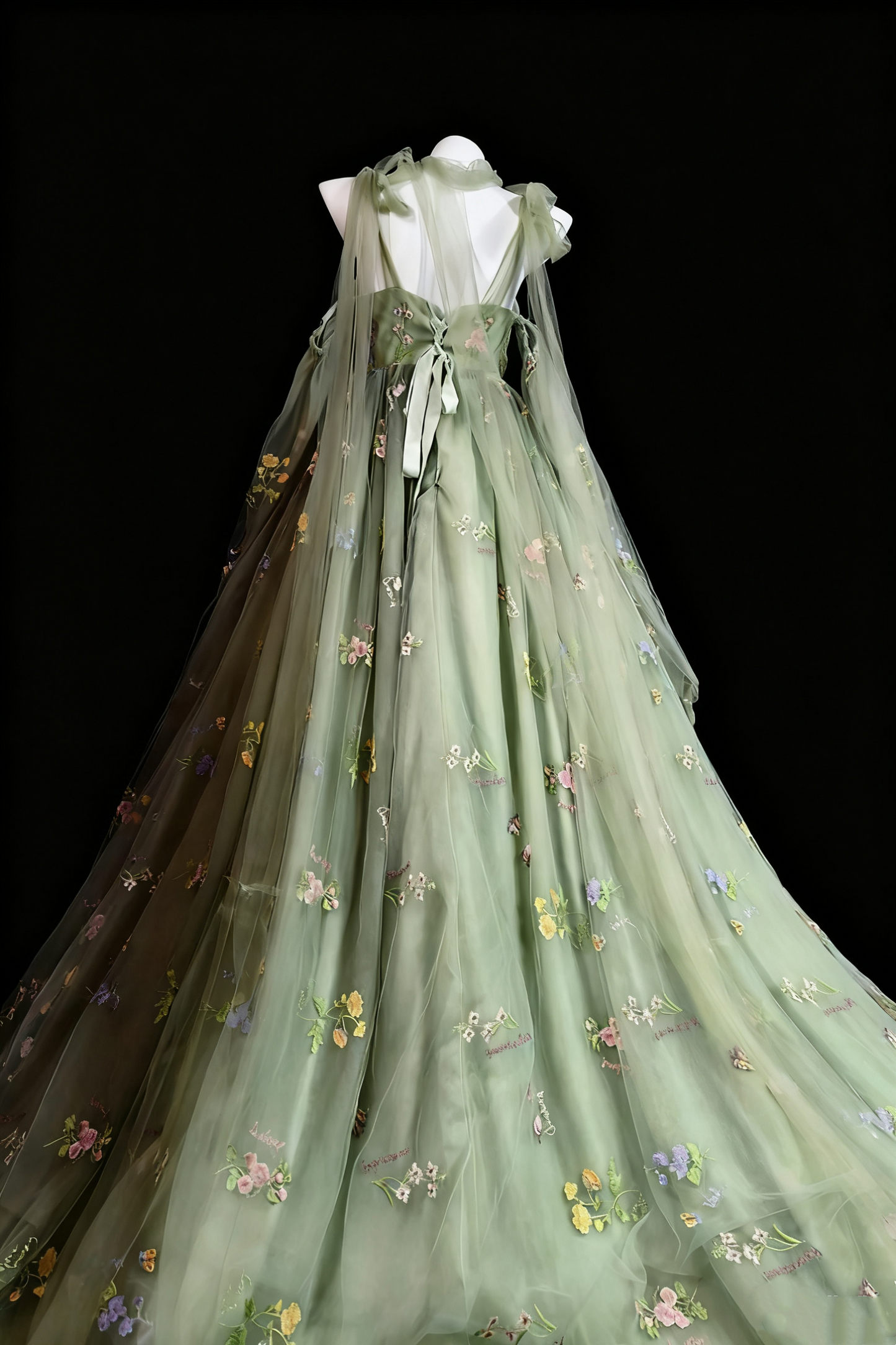 girlhomeshops-Grünes, zartes Ballkleid aus Tüll mit Blumenmuster gh6285