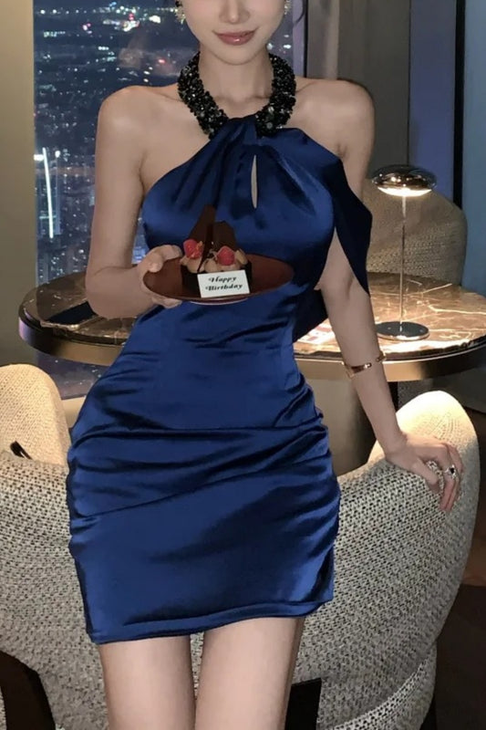 Marineblaues, modisches, kurzes Partykleid aus Satin gh6639