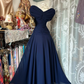 Navy Cowl Neck Waist Cinched Elegant Evening Party Gown gh7191