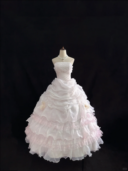 Blush Pink Strapless Beaded Gown, Cinched Waist, Voluminous Princess Skirt, Elegant Romantic Dress & Wedding Gown gh8090