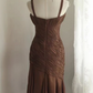 Brown halter-neck, fitted, sexy midi-length ball gown, evening gown gh7119
