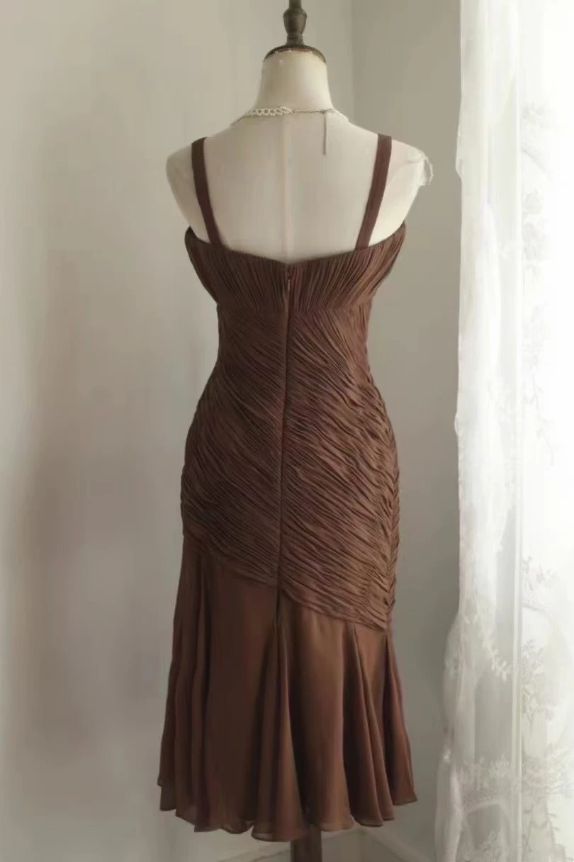 Brown halter-neck, fitted, sexy midi-length ball gown, evening gown gh7119