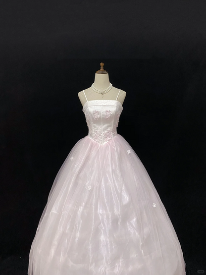 Blush Pink Spaghetti Strap Romantic Wedding Dress, Cinched Waist, Embroidered, Classic Exquisite Voluminous Full Swing Skirt, Bridal Gown gh8134