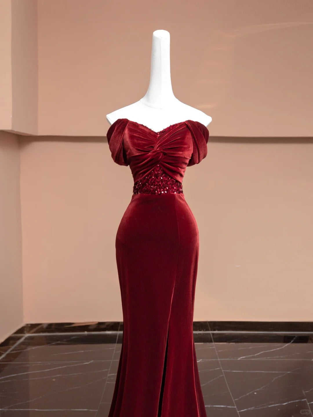 Robe de soirée élégante en velours bordeaux, longue, style sirène, coupe slim, avec perles, gh4877